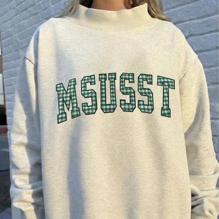 Custom Varsity Letter Sweatshirt Gingham Applique Embroidery Mock Pullover