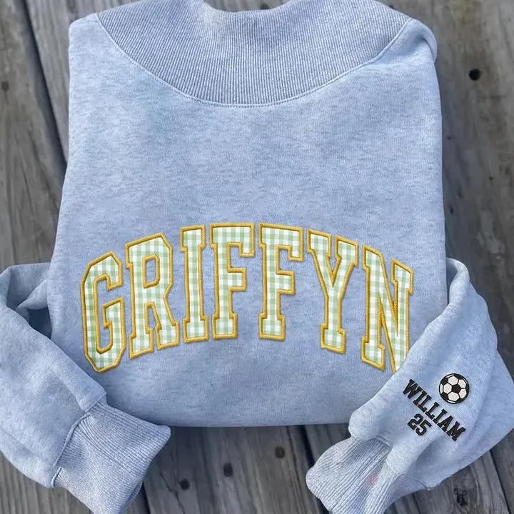 Custom Varsity Letter Sweatshirt Gingham Applique Embroidery Mock Pullover