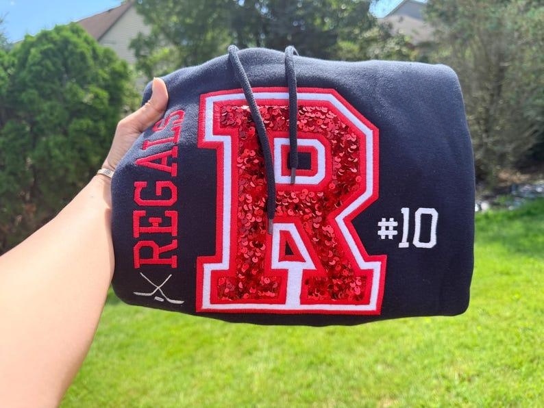 Custom Team Embroidered Sweatshirt/Hoodie, Sports Team Apparel, Sequins Varsity Letter, Custom Player Number, Hockey/Soccer Hoodie, Game Day