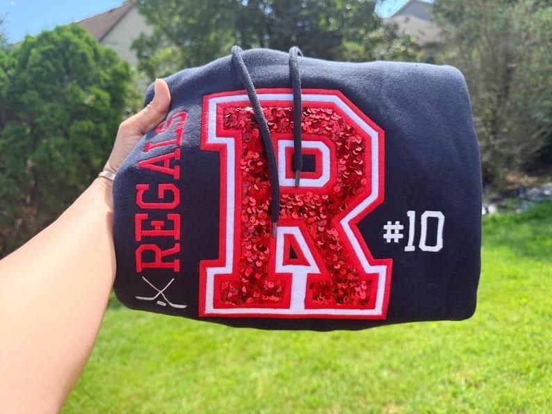 Custom Team Embroidered Sweatshirt/Hoodie, Sports Team Apparel, Sequins Varsity Letter, Custom Player Number, Hockey/Soccer Hoodie, Game Day