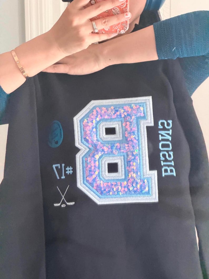 Custom Team Embroidered Sweatshirt/Hoodie, Sports Team Apparel, Sequins Varsity Letter, Custom Player Number, Hockey/Soccer Hoodie, Game Day