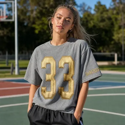 Custom Metallic Puff Number Game Day Washed T-shirt, Custom School Team Number Shirt