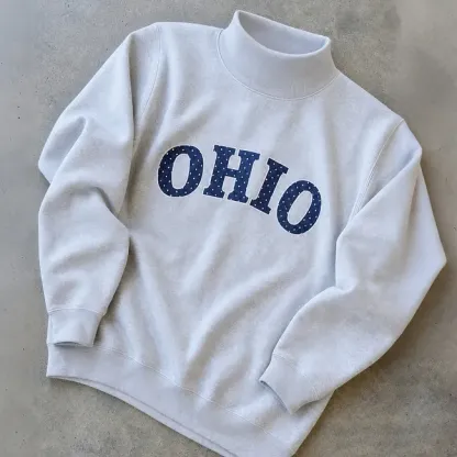 Custom Appliqué Embroidery Oversized Polka Dot Mockneck Pullover | Relaxed-Fit Half-Turtleneck with Vintage Dot Pattern