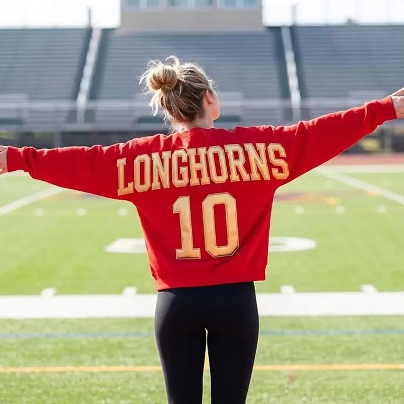 Custom Metallic Puff Football Sweatshirt Personalized Team Name and Number Jersey Game Day Spirit Crewneck