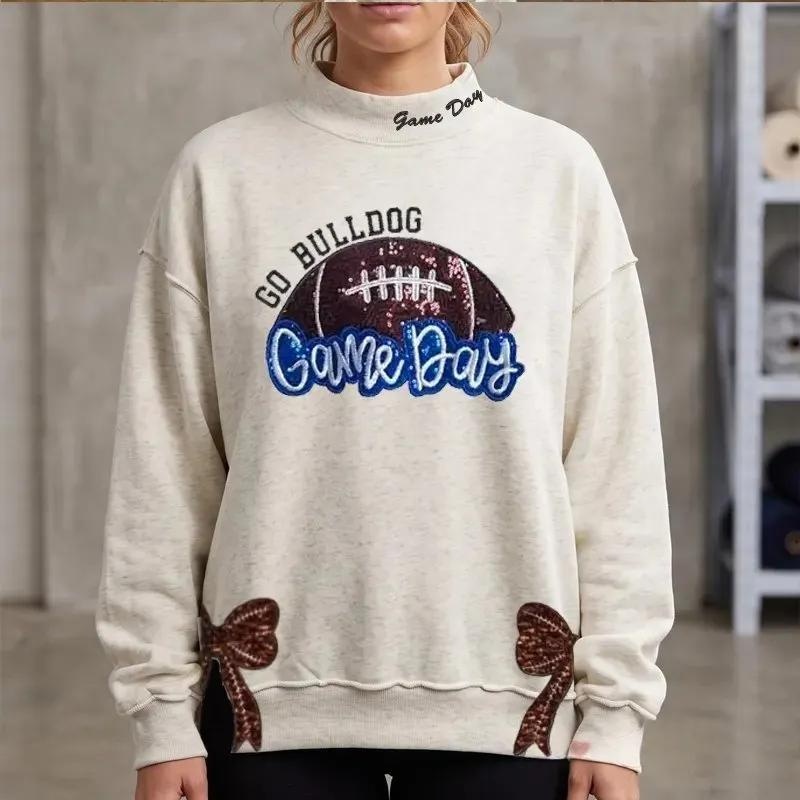 Sequin Embroidery Football Game Day Mockneck With Side Bows Football Game day Stand-up Collar Apparel