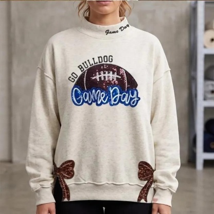 Sequin Embroidery Football Game Day Mockneck With Side Bows Football Game day Stand-up Collar Apparel
