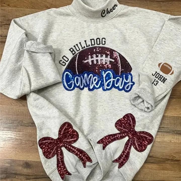 Sequin Embroidery Football Game Day Mockneck With Side Bows Football Game day Stand-up Collar Apparel