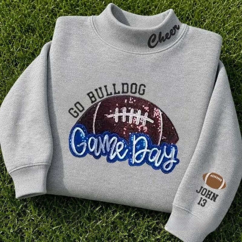 Sequin Embroidery Football Game Day Mockneck With Side Bows Football Game day Stand-up Collar Apparel