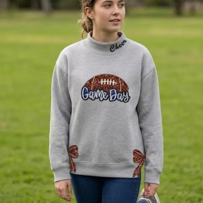 Sequin Embroidery Football Game Day Mockneck With Side Bows Football Game day Stand-up Collar Apparel