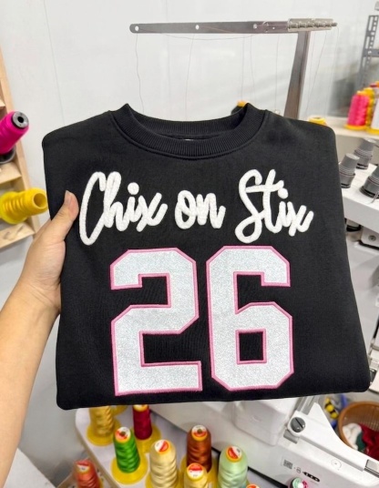 Custom Yarn Embroidered Team Name, Glitter Number Crewneck, Personalized Sports Sweatshirt, Game Day Hoodie