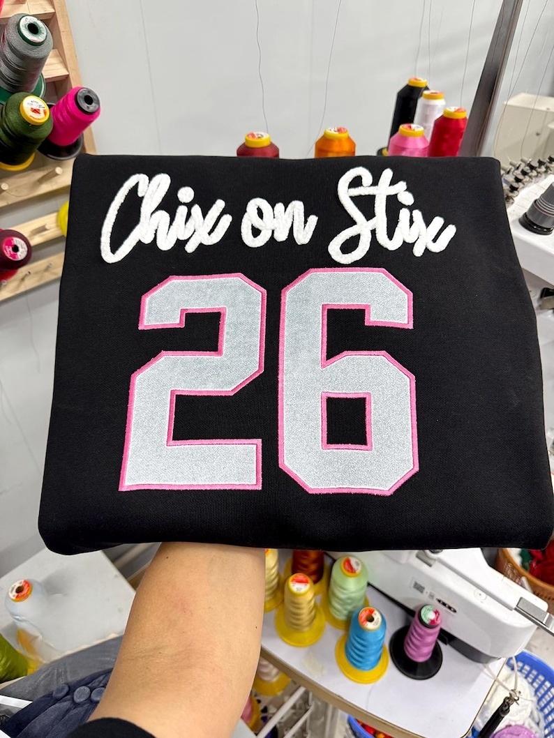Custom Yarn Embroidered Team Name, Glitter Number Crewneck, Personalized Sports Sweatshirt, Game Day Hoodie