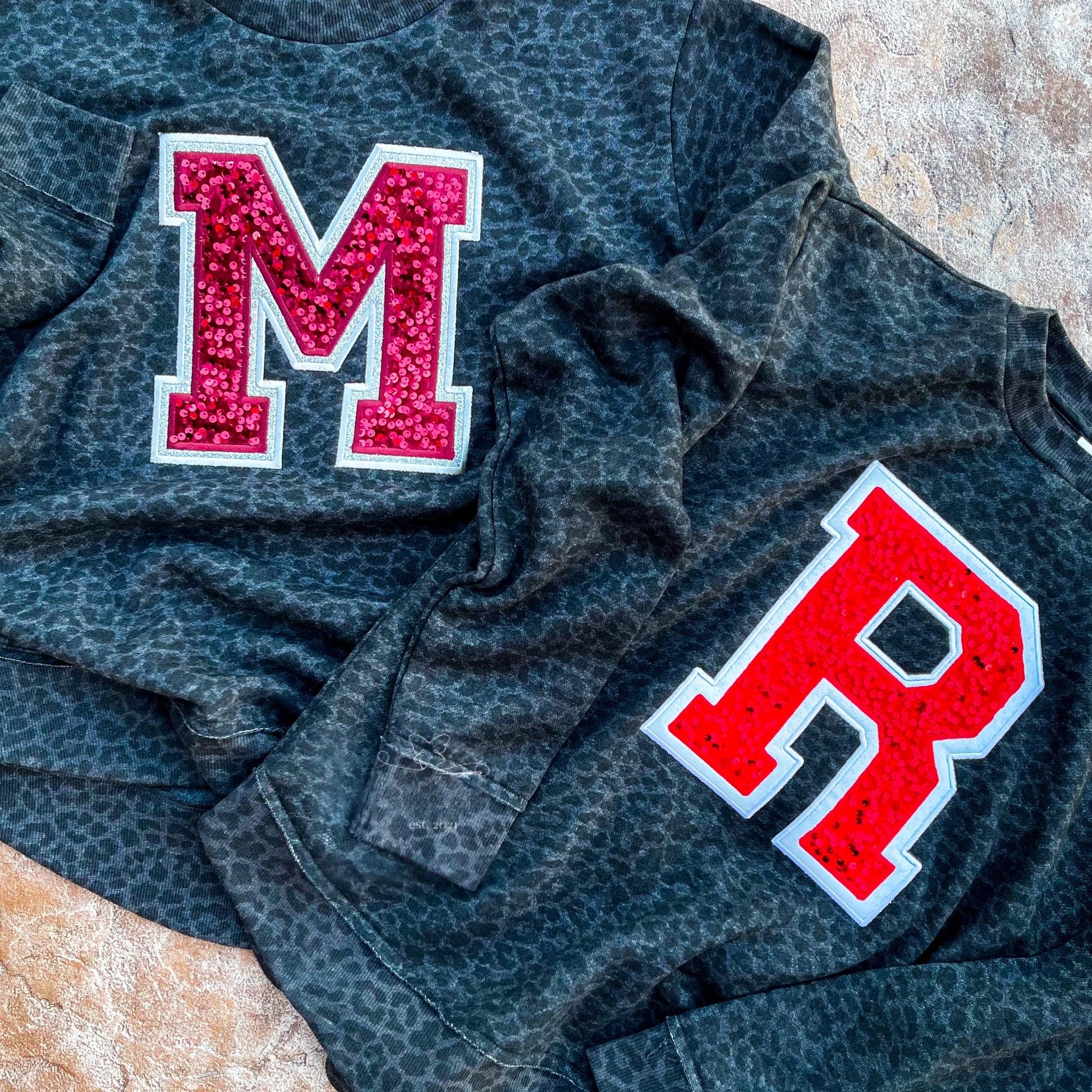 Custom Sequin Varsity Letter Embroidered Leopard/Cheetah Crewneck Sweatshirt