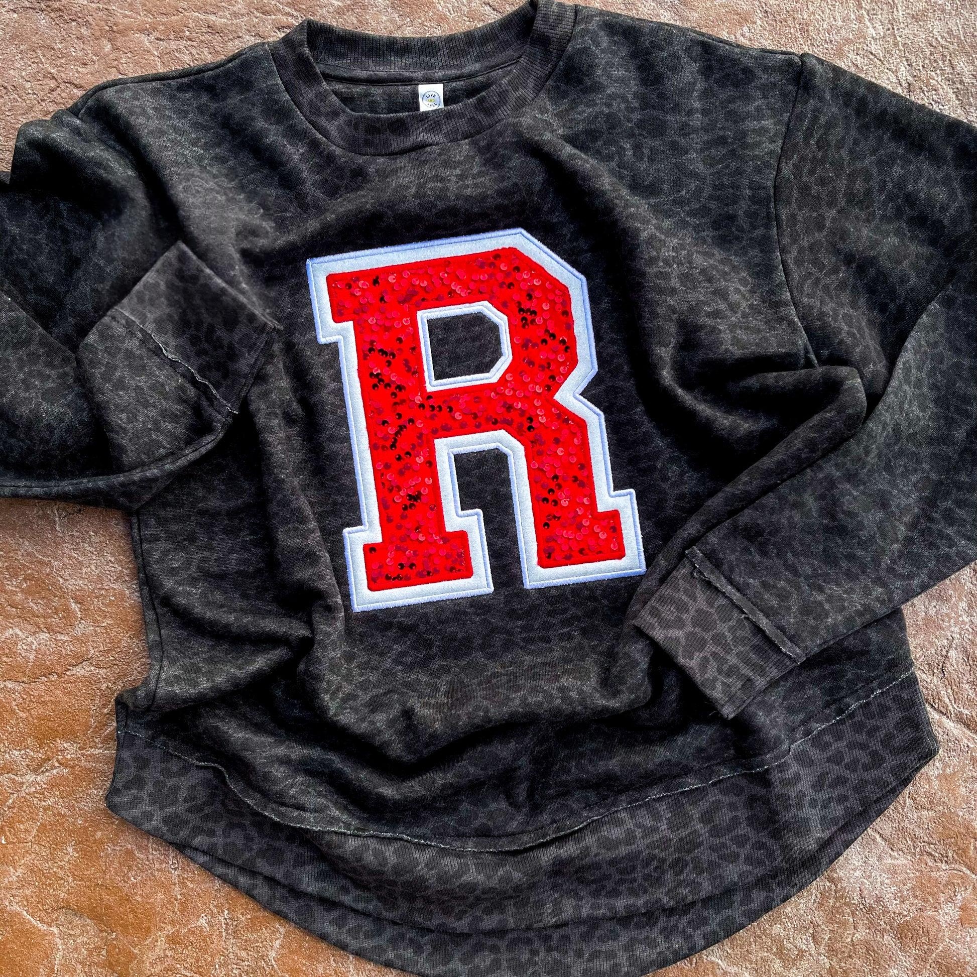 Custom Sequin Varsity Letter Embroidered Leopard/Cheetah Crewneck Sweatshirt