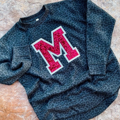 Custom Sequin Varsity Letter Embroidered Leopard/Cheetah Crewneck Sweatshirt