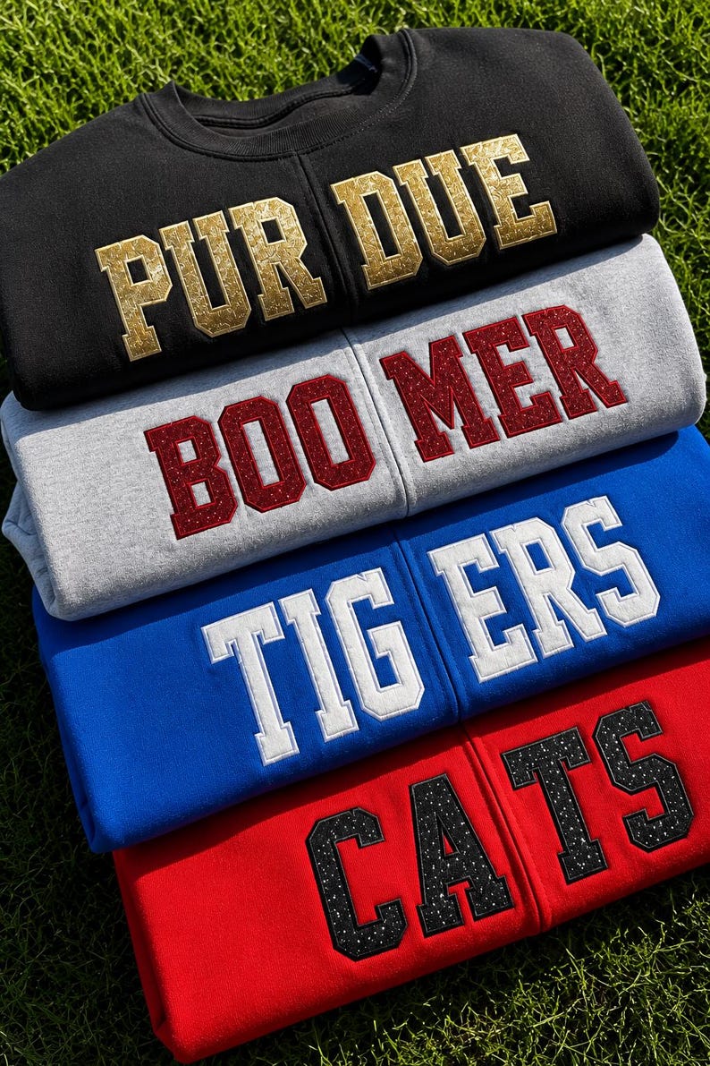 Custom Mascot Sweatshirt Cardigan, Split Front Team Crewneck, Glitter Applique School Spirit Shirt, Personalized Game Day Gear