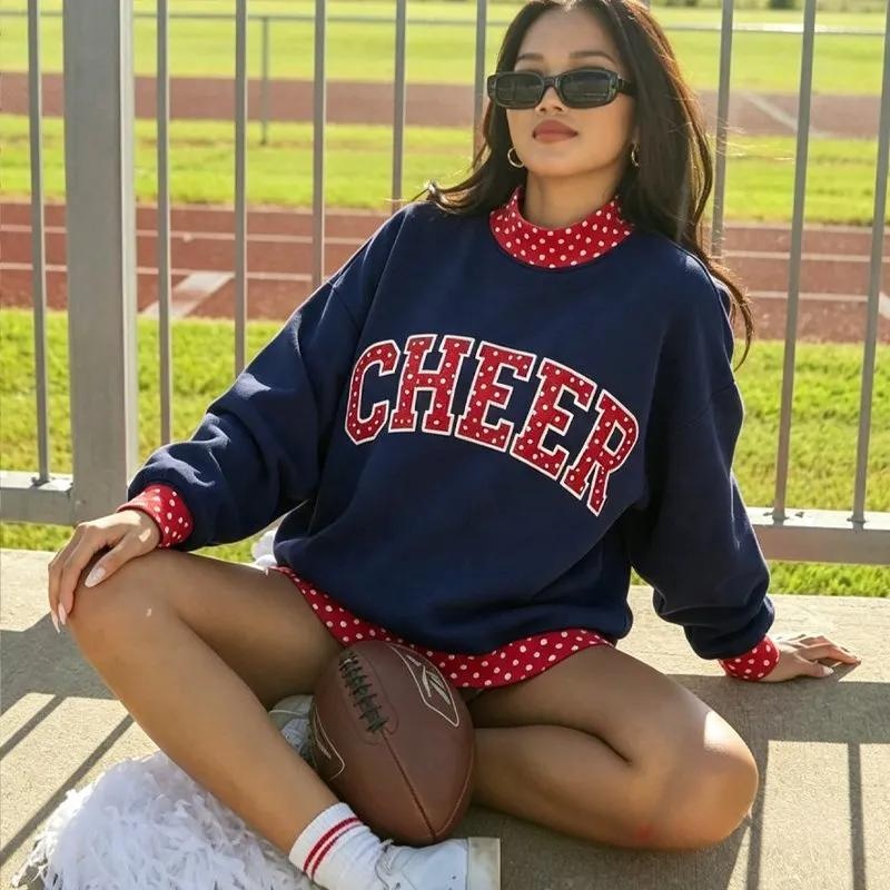 Custom Gingham Patchwork Embroidery College Team Polka Dot Check MockNeck Pullover