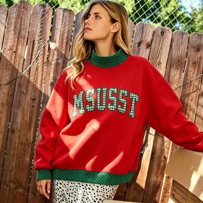 Custom Gingham Patchwork Embroidery College Team Polka Dot Check MockNeck Pullover