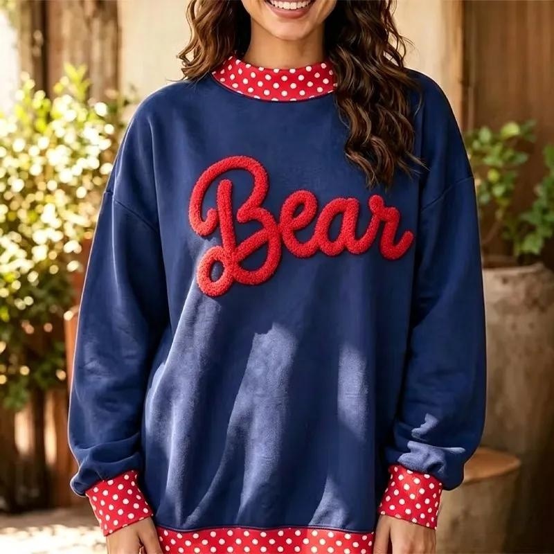 Custom Chenille YARN Embroidery College Team Polka Dot Check MockNeck Pullover