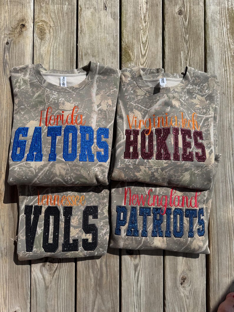 Custom Team Camo Crewneck Sweatshirt, Glitter Appliqué Embroidery Game Day Crewneck