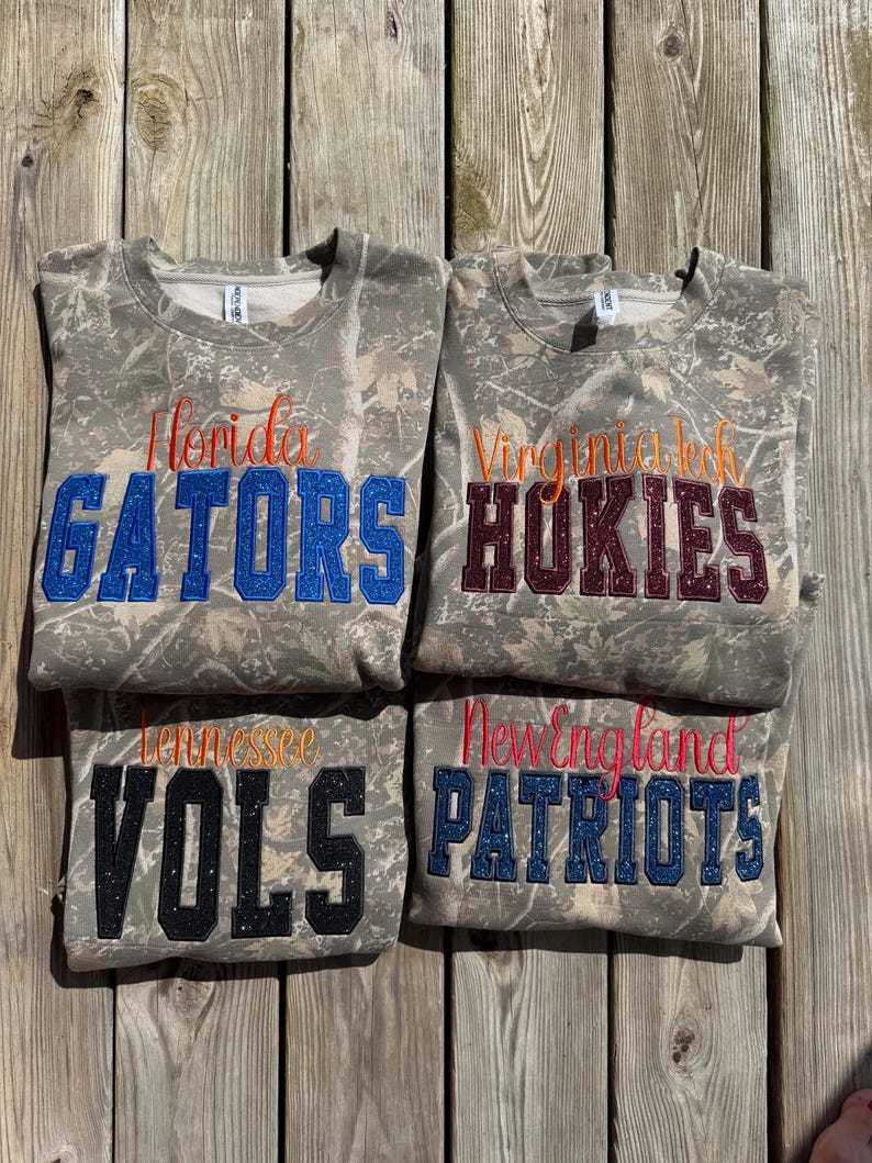 Custom Team Camo Crewneck Sweatshirt, Glitter Appliqué Embroidery Game Day Crewneck