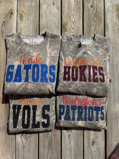 Custom Team Camo Crewneck Sweatshirt, Glitter Appliqué Embroidery Game Day Crewneck