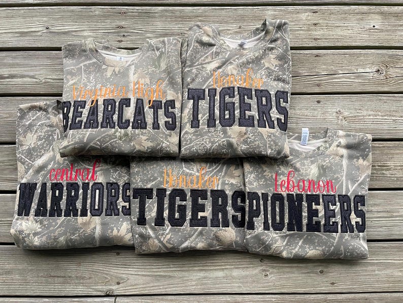 Custom Team Camo Crewneck Sweatshirt, Glitter Appliqué Embroidery Game Day Crewneck