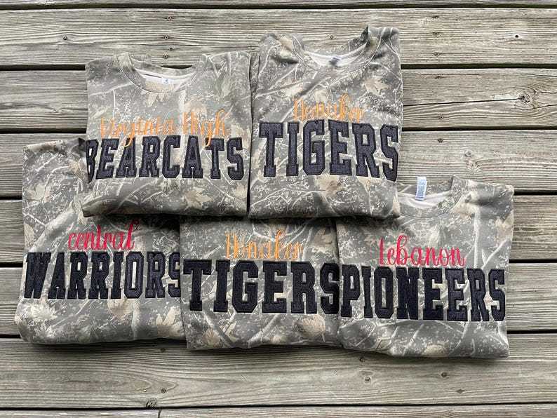 Custom Team Camo Crewneck Sweatshirt, Glitter Appliqué Embroidery Game Day Crewneck