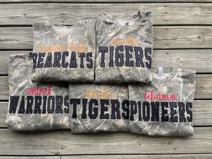 Custom Team Camo Crewneck Sweatshirt, Glitter Appliqué Embroidery Game Day Crewneck