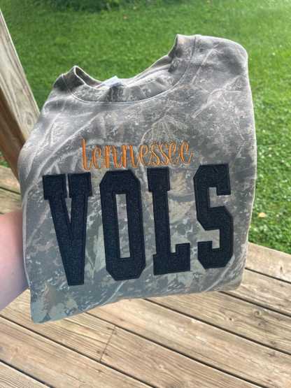 Custom Team Camo Crewneck Sweatshirt, Glitter Appliqué Embroidery Game Day Crewneck