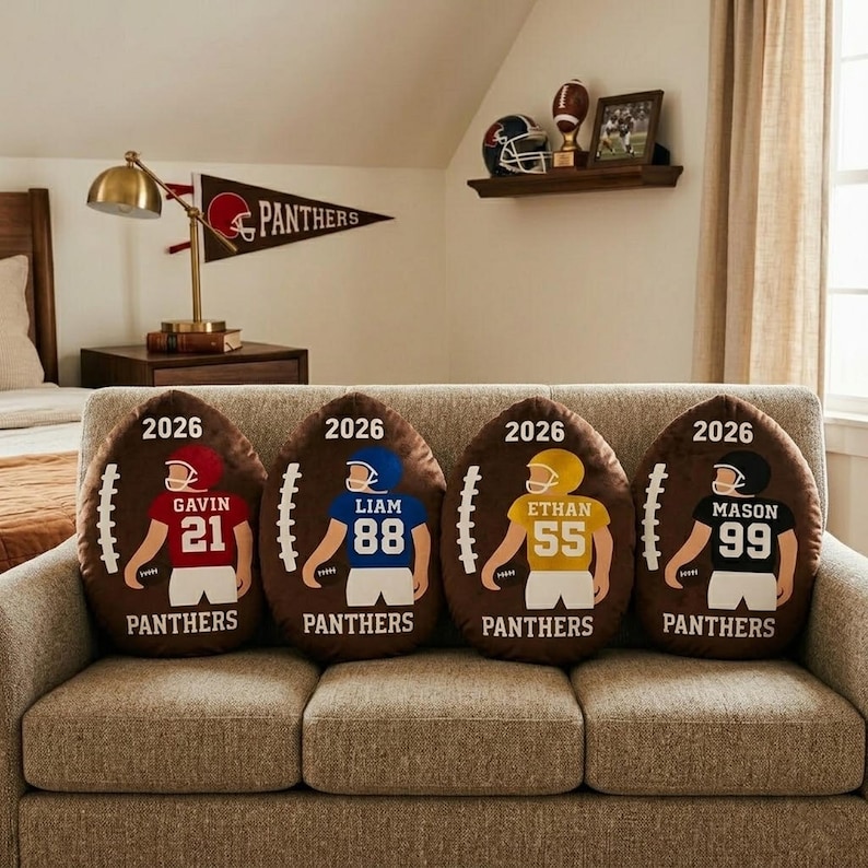 Personalized Football Pillow Custom Name Number Team Gift, Kids Sports Room Decor Cushion, Football Fan Gift for Boys