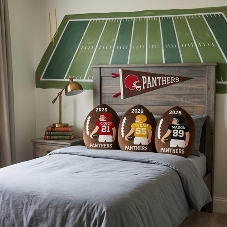 Personalized Football Pillow Custom Name Number Team Gift, Kids Sports Room Decor Cushion, Football Fan Gift for Boys