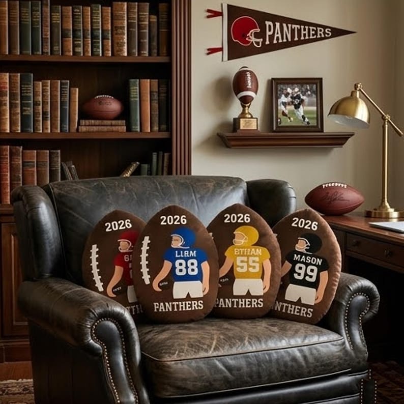 Personalized Football Pillow Custom Name Number Team Gift, Kids Sports Room Decor Cushion, Football Fan Gift for Boys