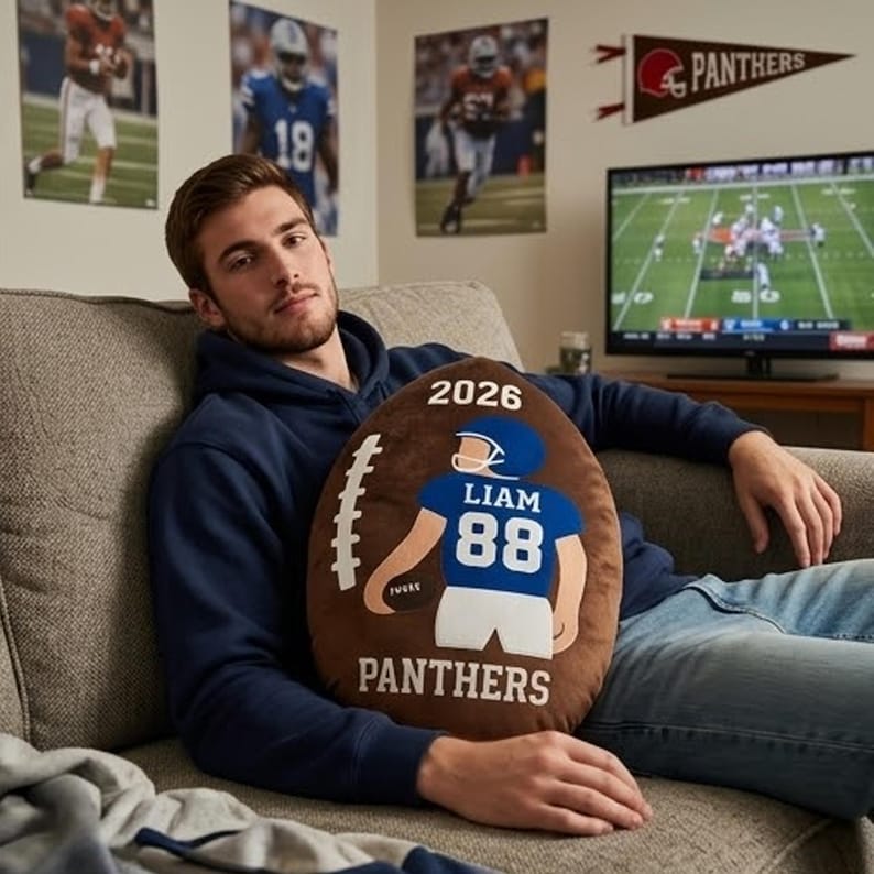 Personalized Football Pillow Custom Name Number Team Gift, Kids Sports Room Decor Cushion, Football Fan Gift for Boys