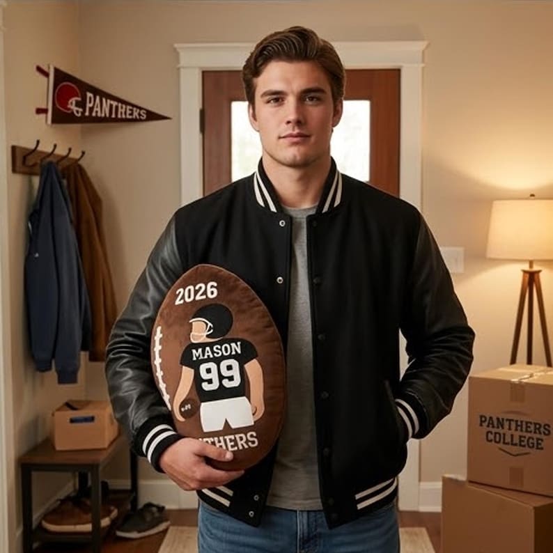 Personalized Football Pillow Custom Name Number Team Gift, Kids Sports Room Decor Cushion, Football Fan Gift for Boys