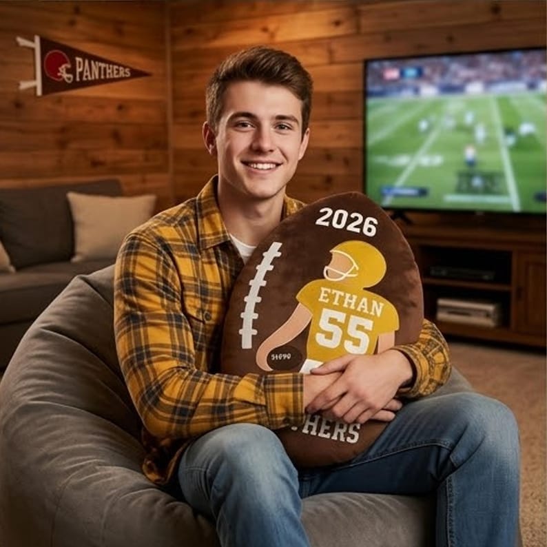Personalized Football Pillow Custom Name Number Team Gift, Kids Sports Room Decor Cushion, Football Fan Gift for Boys