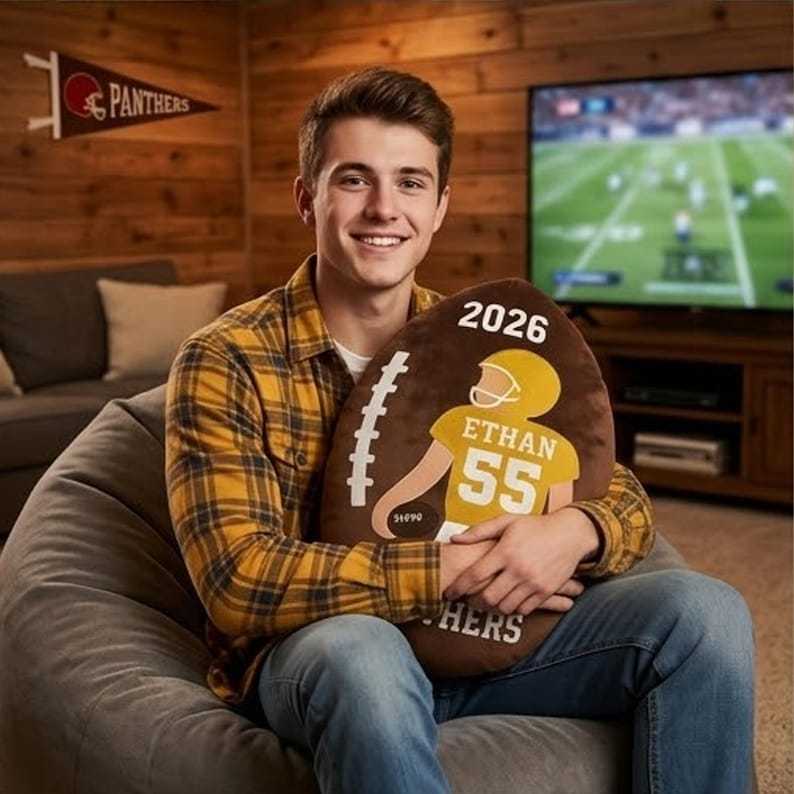 Personalized Football Pillow Custom Name Number Team Gift, Kids Sports Room Decor Cushion, Football Fan Gift for Boys