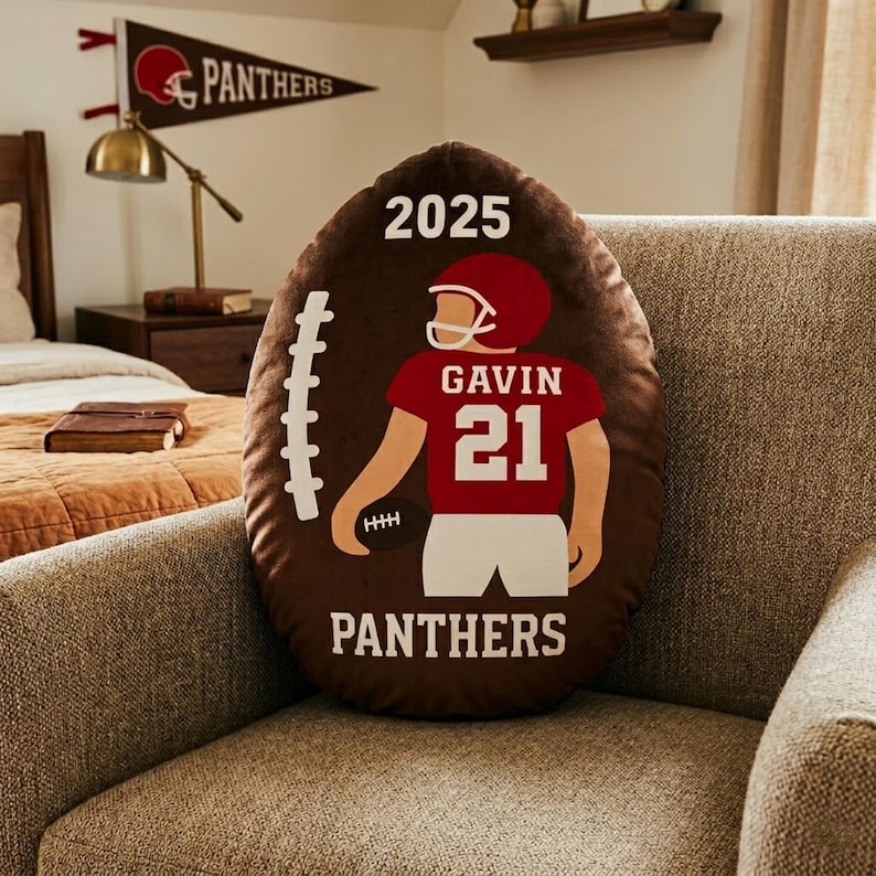 Personalized Football Pillow Custom Name Number Team Gift, Kids Sports Room Decor Cushion, Football Fan Gift for Boys