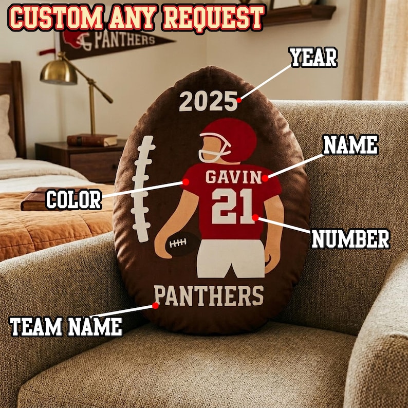 Personalized Football Pillow Custom Name Number Team Gift, Kids Sports Room Decor Cushion, Football Fan Gift for Boys