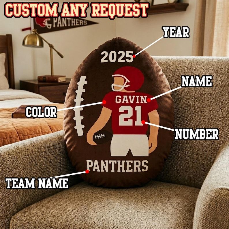 Personalized Football Pillow Custom Name Number Team Gift, Kids Sports Room Decor Cushion, Football Fan Gift for Boys