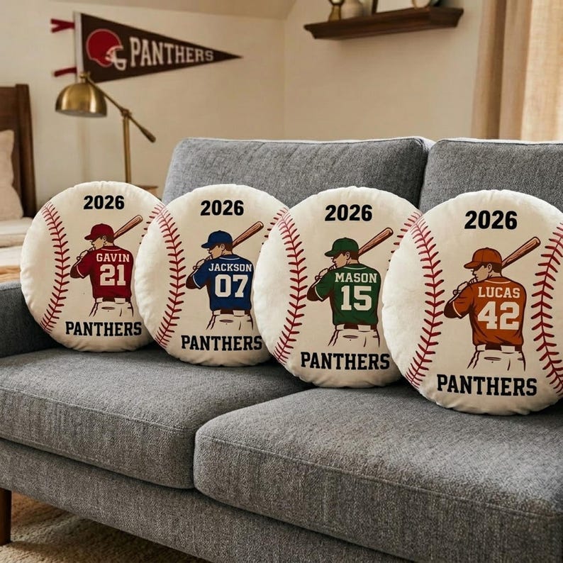 Personalized Baseball Pillow Custom Name Number Team Gift, Kids Sports Room Decor Cushion, Baseball Fan Gift