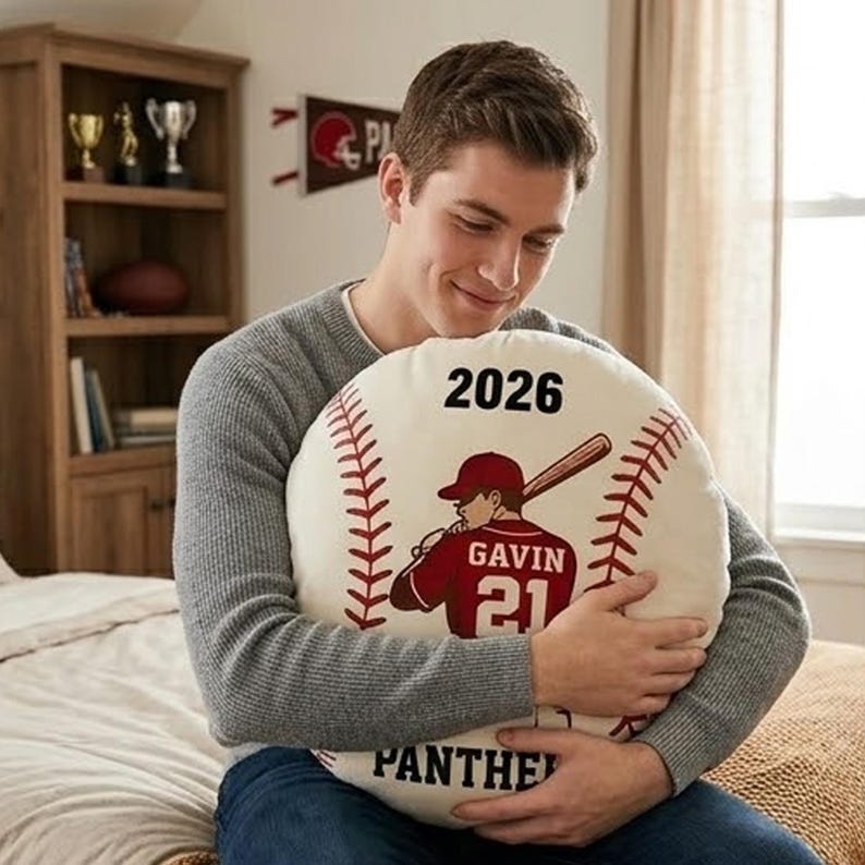 Personalized Baseball Pillow Custom Name Number Team Gift, Kids Sports Room Decor Cushion, Baseball Fan Gift