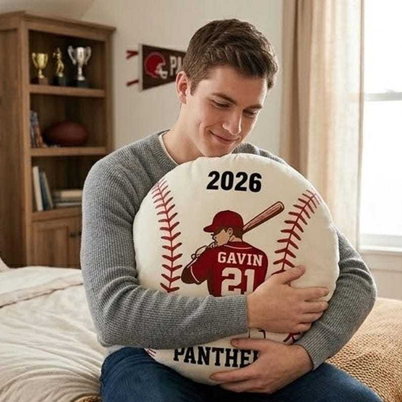 Personalized Baseball Pillow Custom Name Number Team Gift, Kids Sports Room Decor Cushion, Baseball Fan Gift