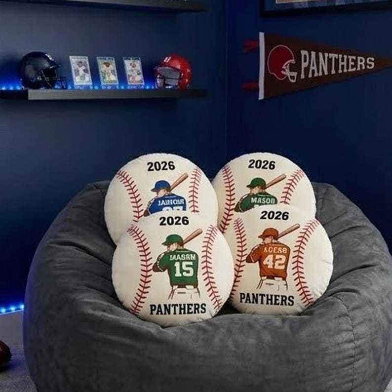 Personalized Baseball Pillow Custom Name Number Team Gift, Kids Sports Room Decor Cushion, Baseball Fan Gift