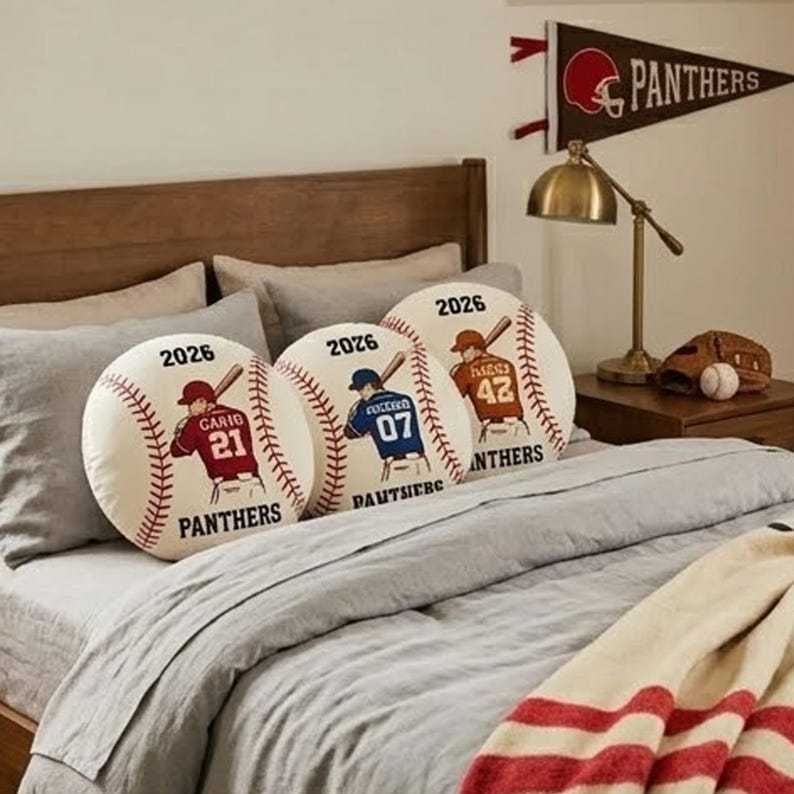 Personalized Baseball Pillow Custom Name Number Team Gift, Kids Sports Room Decor Cushion, Baseball Fan Gift