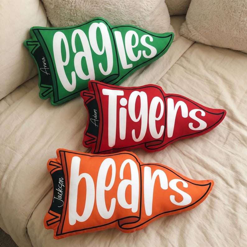 Custom Team Name Pennant Flag Pillow, Custom School Spirit Pillow, School Mascot Pillow Gift