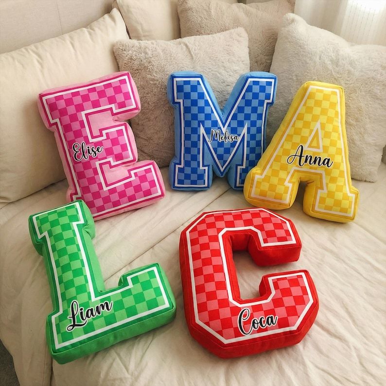 Custom Letter Checkered Pillow, Custom Name Pillow, Personalized Alphabet Name Pillow Gift, School Name Pillow
