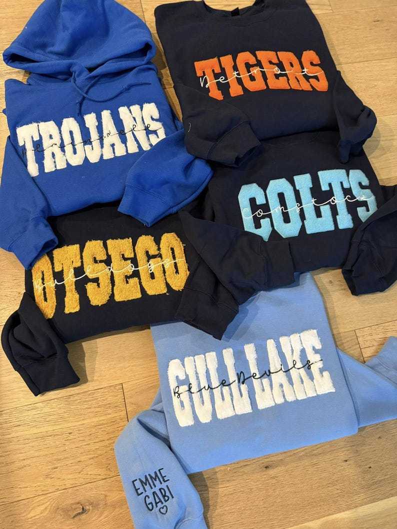 Fuzzy Sports Team Name Spirit Wear School Custom Embroidered Adult Sweatshirt Gift