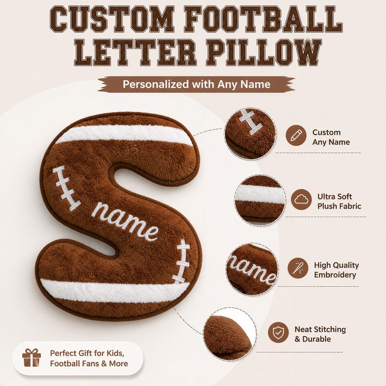 Personalized Football Letter PillowCustom Initial Name Pillow,Sports Room Decor,Football Fan Gift for Boys,Kids Bedroom Pillow,Birthday Gift
