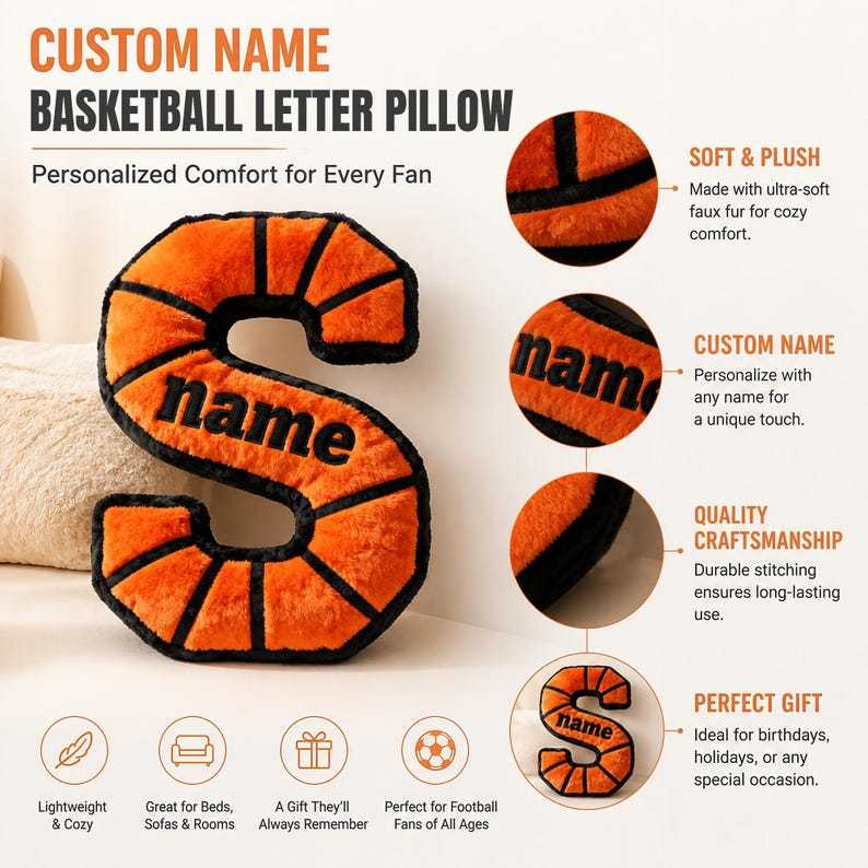 Personalized Basketball Letter Pillow, Custom Name Pillow, Alphabet Sports Cushion, Kids Basketball Room Decor