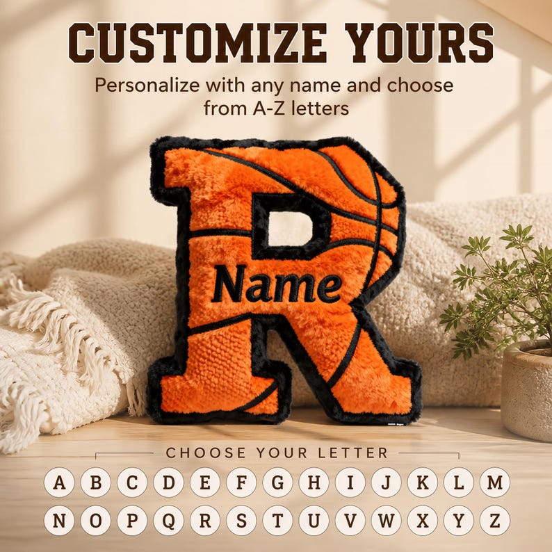 Personalized Basketball Letter Pillow, Custom Name Pillow, Alphabet Sports Cushion, Kids Basketball Room Decor